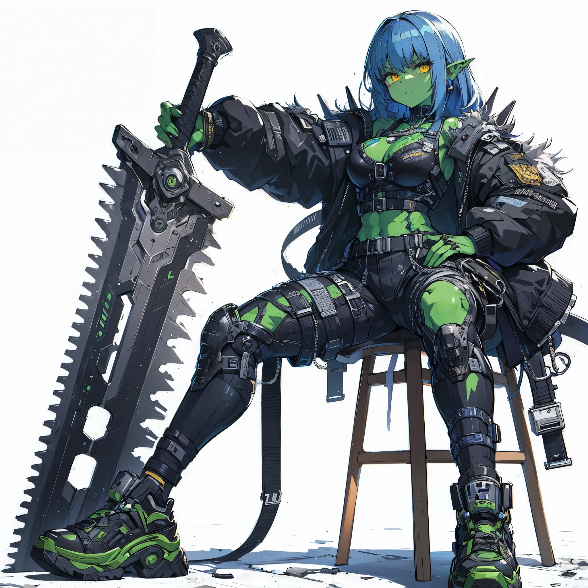(masterpiece, best quality), ultra detailed, anime style, full body, solo, Full body, Cyberpunk orc lady, wearing a Cyberpunk suit, night blue hair and yellow eyes, JAGGED-TEETH, pale green skin, holds a huge cleaver sword, wears high tech sneakers, ultra-massive, tall stylish, VERY MASSIVE. Muscular but feminine body shape, White background, standing full length, standing on wasted earth,
