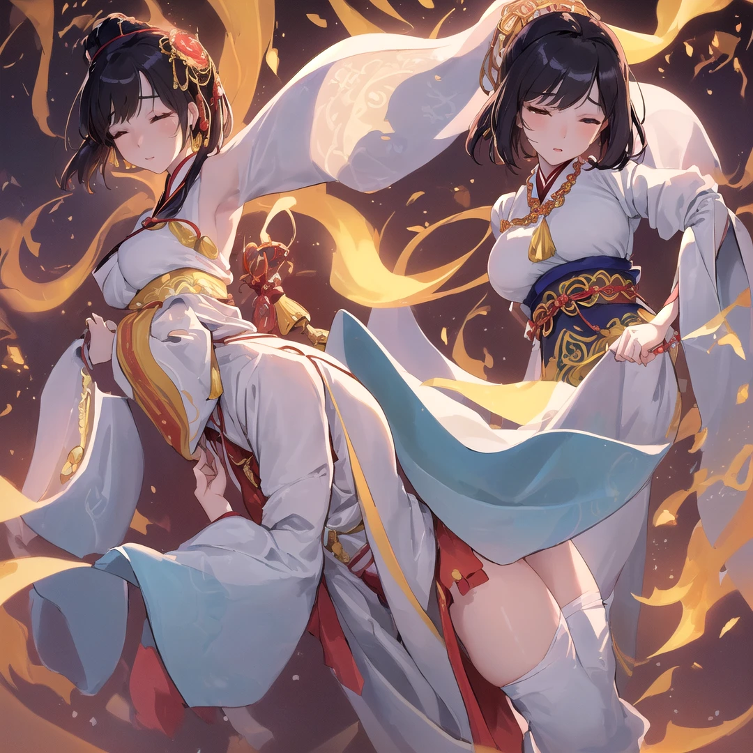 A stunning painting of Song Hye-kyo, renowned South Korean actress, model, and dancer, in a mesmerizing mahwa art style. She is dressed in a traditional Korean hanbok, her hands delicately tied together behind her wall high with a shimmering gold chain. The soft folds of her exquisite hanbok drape seductively over her body, accentuating her curves and revealing her toned thighs. Her head is slightly tilted back, and her eyes are closed, as if lost in the melody of an enchanting song. The background of the painting is a blend of vibrant reds, oranges, and yellows, creating a warm and inviting atmosphere that perfectly complements Song Hye-kyo's ethereal beauty. The contrast between her pale skin and the rich colors of her hanbok is striking, drawing the viewer's eye to every detail of her flawless features and alluring figure. The pose, with her hands tied behind her back wall, adds a sense of vulnerability and intimacy to the image, making it both alluring and captivating.