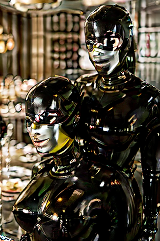 (far shot, full shot), photorealistic masterpiece, photoshoot, hasselblad photography, face, (skinny) Adult waitress wearing a silver (latex mask, latex hood, open latex catsuit:1.5), (large breasts, perfect cleavage, round breasts, plunging neckline:1.2), extremely detailed face, beautiful face, cinematic lightning, (studio lighting), (serving in a restaurant, holding a plate, dishes, food, serving:1.2)
