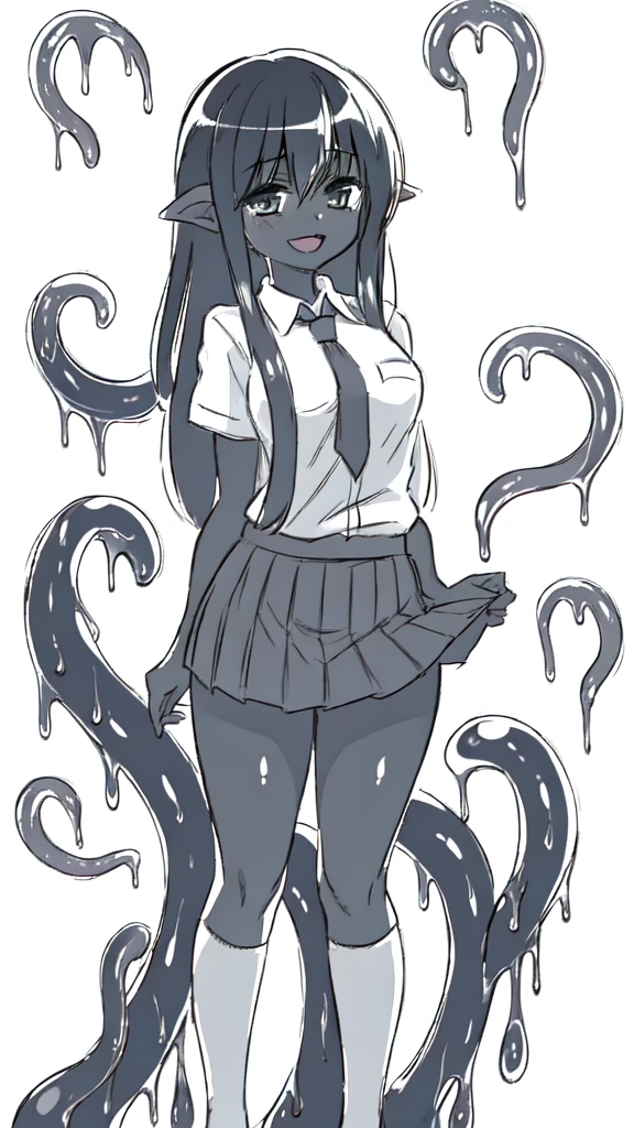 (1girl ,20s,mature female,adult),happy,white shirt,short sleeves,black standard tie,white school skirt,black hair,long hair,(classroom),((shoggoth body,pure dark skin,colored skin)),full body