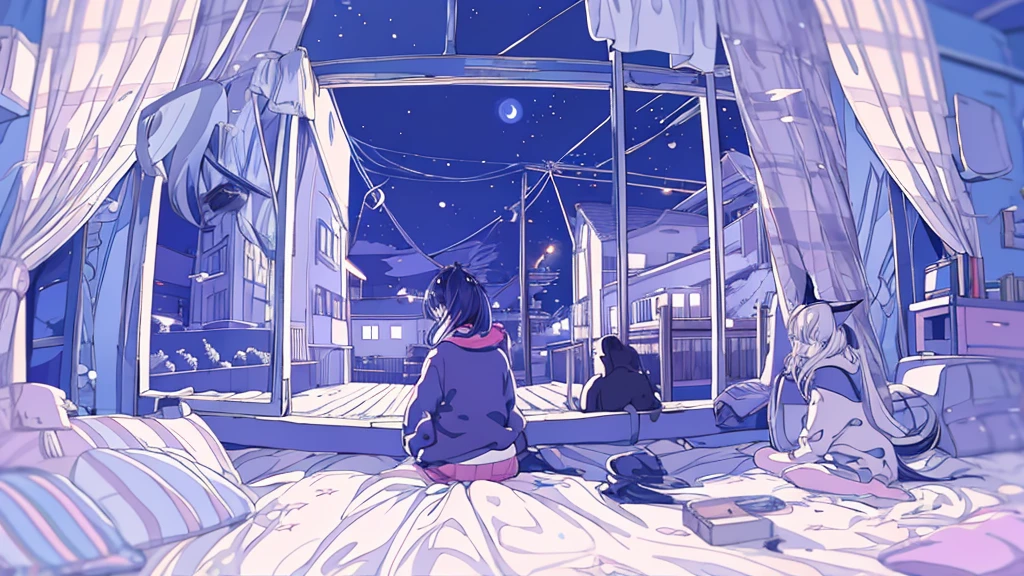 Detailed anime girls, clad in large sweaters, don headband headphones, basking in the praises of admirers. The quiet ambiance, enveloped in a tranquil atmosphere, contrasts the sudden exclamation of "That's horrible!" as she gazes out of her bedroom window into the stillness of the night. A feline companion perched beside her completes this masterpiece of the highest quality.