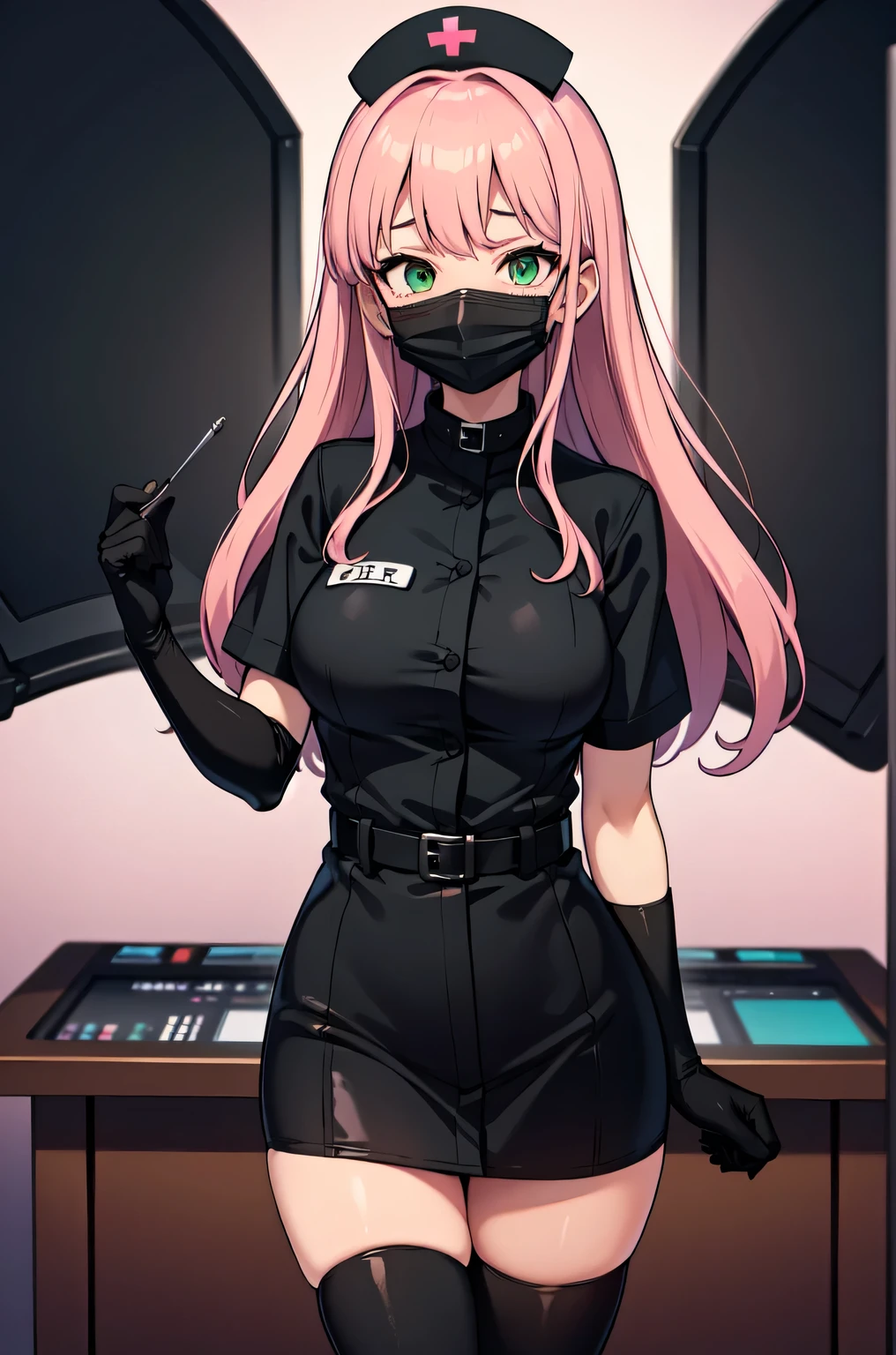 black nurse, 1girl, solo, black nurse cap, black nurse uniform, ((black legwear, zettai ryouiki)), black elbow gloves, pink hair, green eyes, drooping eyes, ((black surgical mask, covered nose)), standing, ((surgery room)), sharp outline, short sleeves, best quality, masterpiece