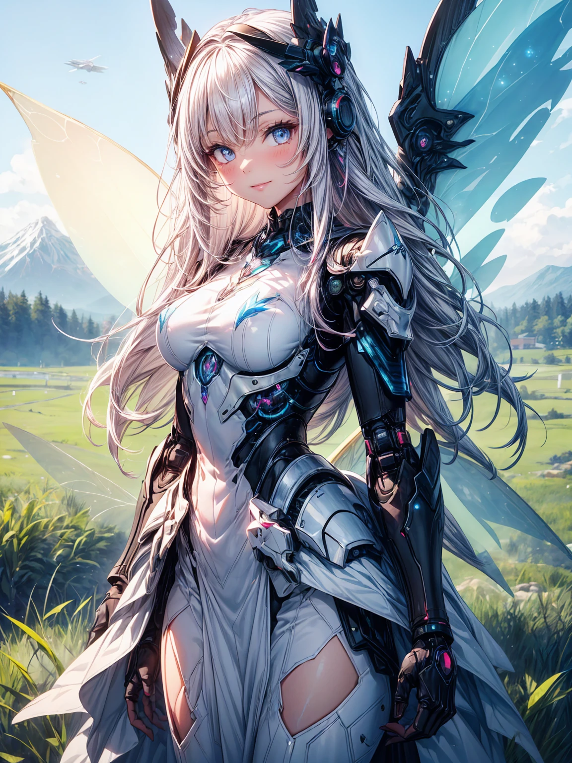 (1 Girl: 1.0),
(Age 25:1.0), (Medium Chest: 1.2), (Pink medium hair:1.0),
(Beautiful Face:1.1), (Clear blue little eyes: 1.0), (Cybernetic female robot: 1.0), (Very detailed mech suit:1.0),
(White Gothic Breastplate:1.0), (Doll joints: 1.0), (Gorgeous and modest white wizard dress skirt:1.1),
(Decorative embroidery:1.0), (White luxury dress:1.1), (iridescent holographic fairy wings:1.3), (Flight:1.1), (A kind smile:1.0),
An image of a female android Flight low over an undulating grassy field. The mountain behind her々々There is, Blue sky and lake. Shining from above in the midday sun.
Highest quality, masterpiece, (Watercolor style:1.2)