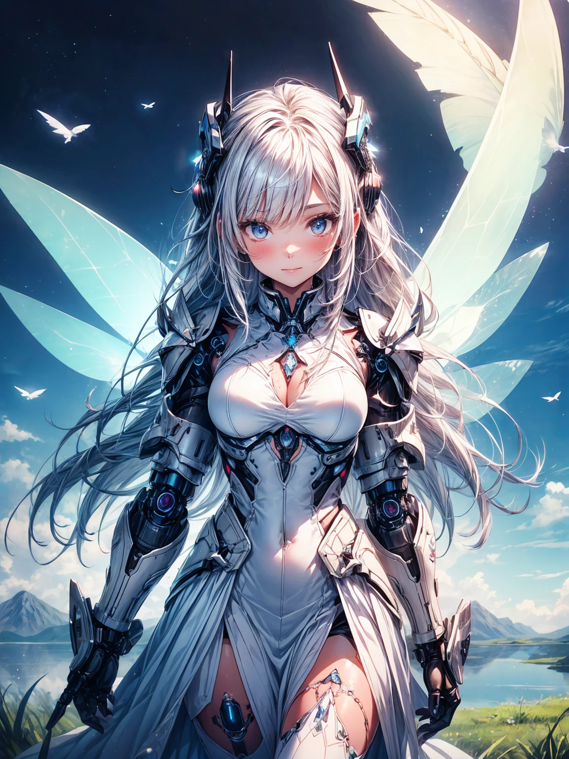 (1 Girl: 1.0),
(Age 25:1.0), (Medium Chest: 1.2), (Pink medium hair:1.0),
(Beautiful Face:1.1), (Clear blue little eyes: 1.0), (Cybernetic female robot: 1.0), (Very detailed mech suit:1.0),
(White Gothic Breastplate:1.0), (Doll joints: 1.0), (Gorgeous and modest white wizard dress skirt:1.1),
(Decorative embroidery:1.0), (White luxury dress:1.1), (iridescent holographic fairy wings:1.3), (Flight:1.1), (A kind smile:1.0),
An image of a female android Flight low over an undulating grassy field. The mountain behind her々々There is, Blue sky and lake. Shining from above in the midday sun.
Highest quality, masterpiece, (Watercolor style:1.2)