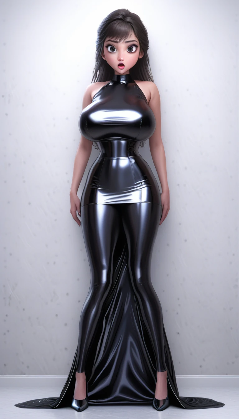 8K, very realistic, realistic, whole body, detailed, realistic, elsa face ,  sexy look, big eyes, long hair, white wallpaper, flushing, huge breasts, high quality, whole body, Sisdeep_****, black hair, realistic 얼굴, Huge,/  tight black latex top, ((tight black latex skirt)) , Beauty, . 1 kpop idol, ,(Standing in a short latex miniskirt and spreading your legs wide ), high heel, 