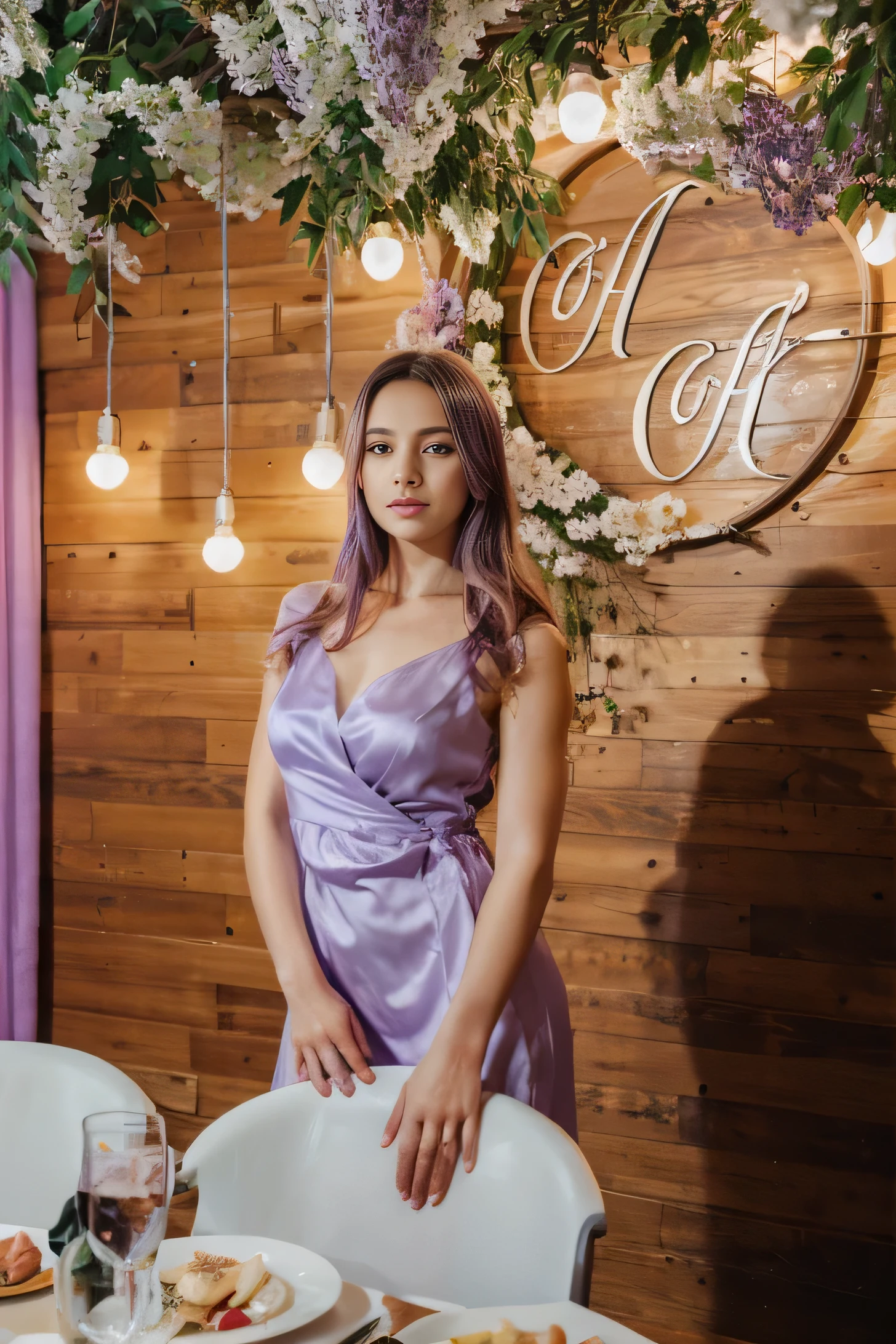 Girl in a lilac silk dress