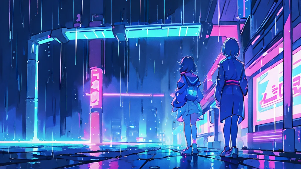 A beautiful girl wearing a cute outfit, standing with her back to the viewer in a neon cyberpunk city, under heavy rain, 8K anime wallpaper, surreal and hyper-detailed, at night on the street in Japan, with a blue atmosphere and rain droplets on her wet body.