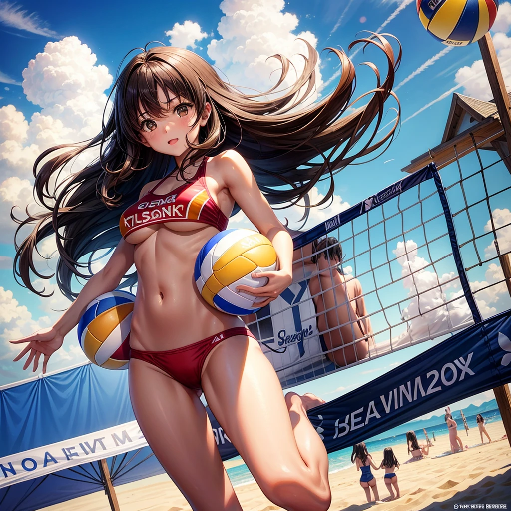 / Brown eyes, long dark hair, / / girl with、lighting like a movie、The bikini、beachvolley、beach volley ball、sprmp、、jump、shout out、