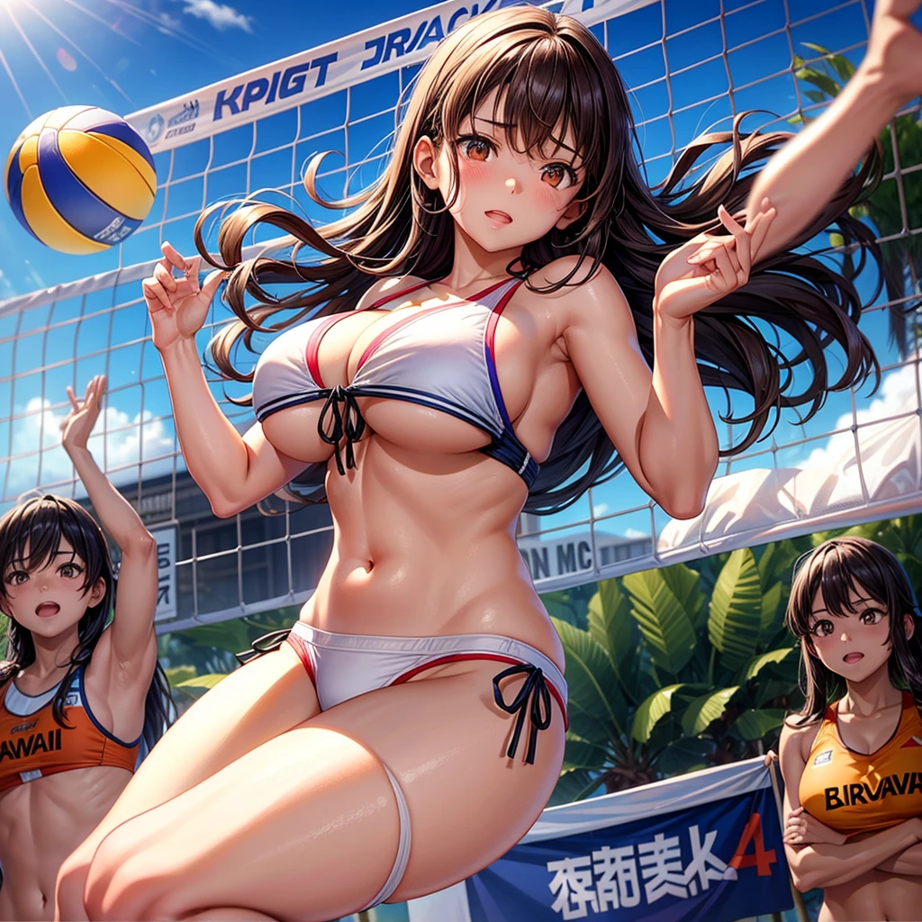 / Brown eyes, long dark hair, / big tits / girl with、lighting like a movie、The bikini、beachvolley、beach volley ball、spring、jump、、jump、shout out、