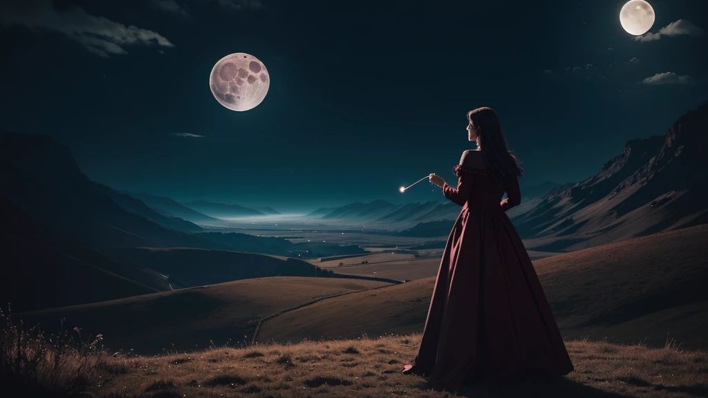 A Magician, standing backwards, wearing a long burgundy dress, casting a glowing spell at night, in the open sky looking at the moon, in a giant valley