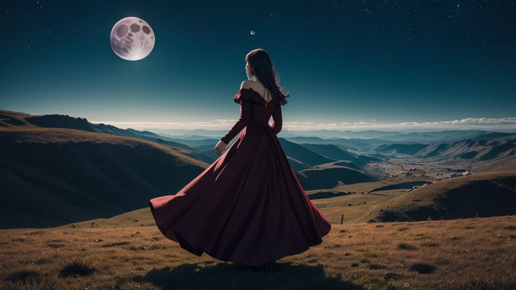 A Magician, standing backwards, wearing a long burgundy dress, casting a glowing spell at night, in the open sky looking at the moon, in a giant valley