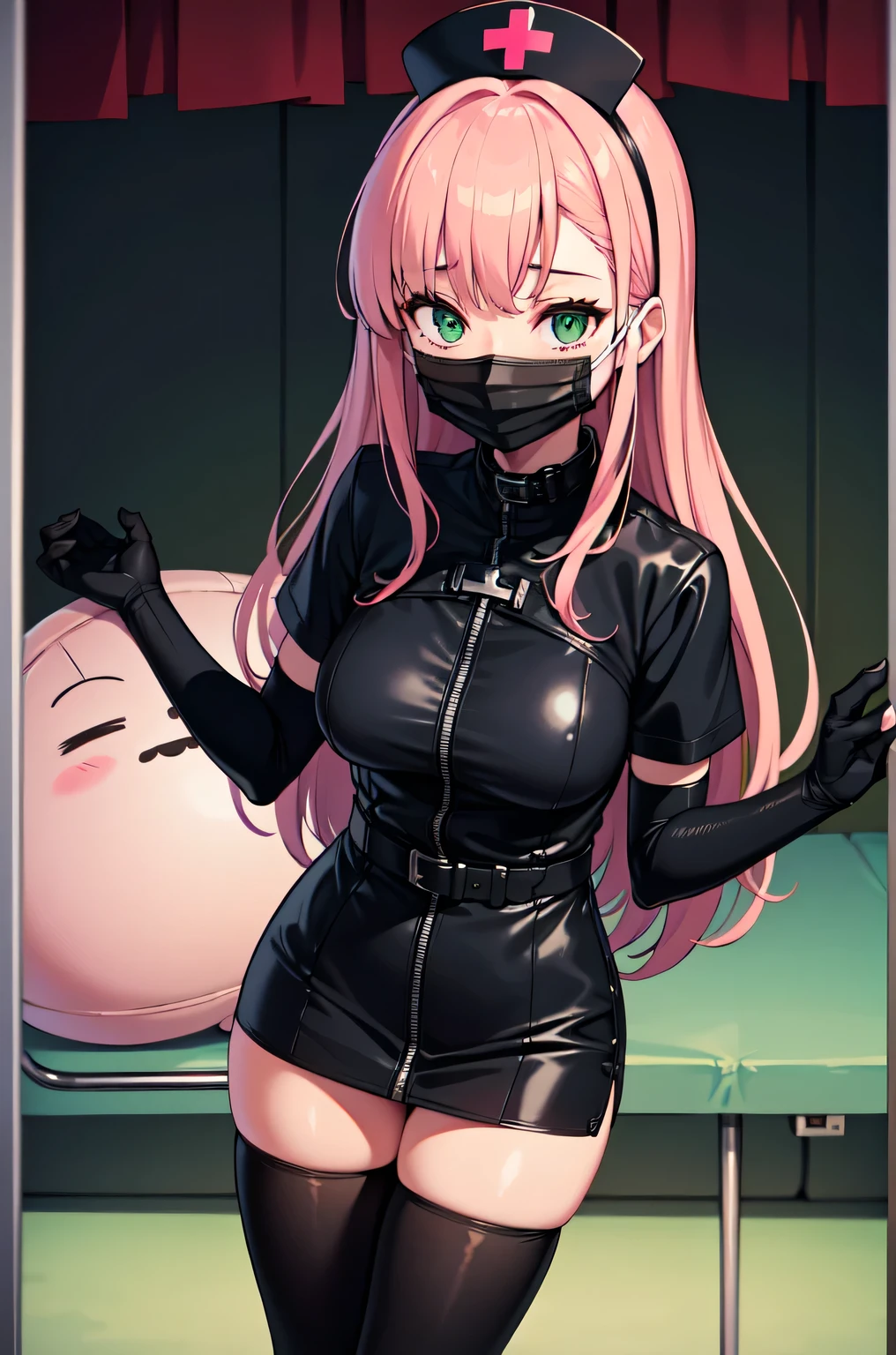 black nurse, 1girl, solo, black nurse cap, black nurse uniform, ((black legwear, zettai ryouiki)), black elbow gloves, pink hair, green eyes, drooping eyes, ((black surgical mask, covered nose)), standing, ((surgery room)), sharp outline, short sleeves, best quality, masterpiece