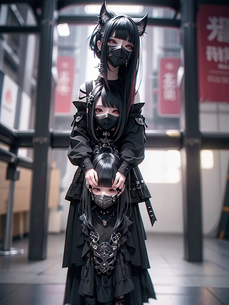 Highest quality、8K、masterpiece:1.3、Gothic Punk、The inside color is red、Black-haired、hair ornaments、Beautiful girl、creative、Dark Fantasy Style、Neogoth、Goth Fashion:1.2、High resolution、masterpiece、Highest quality、頭w:1.3、((Hasselblad Photos))、Fine skin、Sharp focus、(Cinematic lighting)、Realistic textured hair、((Black Mask)),Esbian all over、((View from below))
