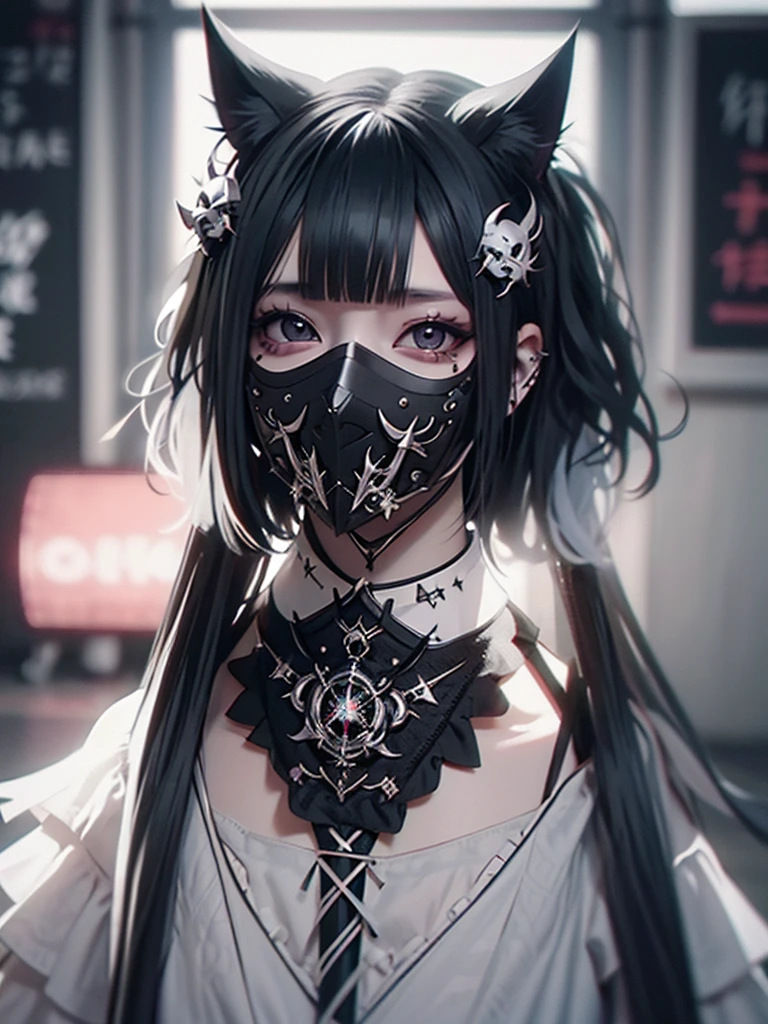 Highest quality、8K、masterpiece:1.3、Gothic Punk、The inside color is red、Black-haired、hair ornaments、Beautiful girl、creative、Dark Fantasy Style、Neogoth、Goth Fashion:1.2、High resolution、masterpiece、Highest quality、頭w:1.3、((Hasselblad Photos))、Fine skin、Sharp focus、(Cinematic lighting)、Realistic textured hair、((Black Mask)),Esbian all over、((View from below))