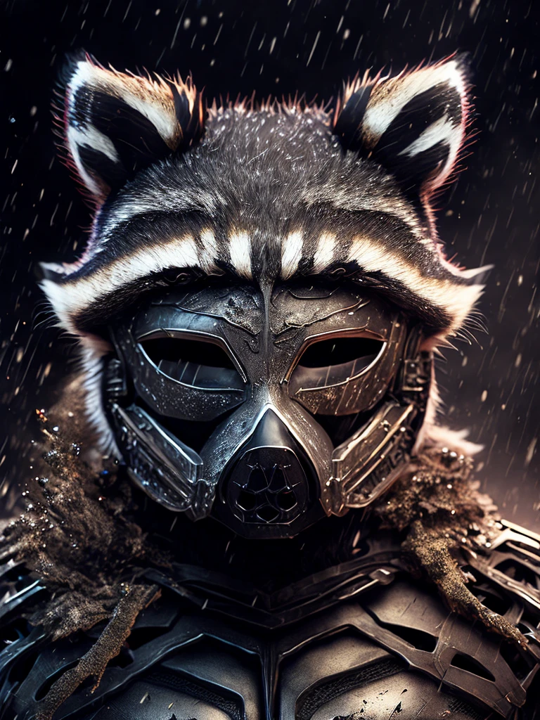 Close-up (Terminator Comedian from DC in Superhero style: 1.3) (raccoon mask:1.6), emerging from wet black mud, extremely detailed, smoke, sparks, metal shavings, flying debris, volumetric light
