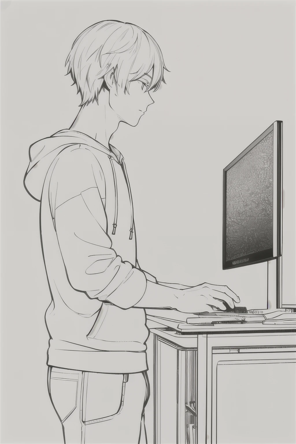 masterpiece, Highest quality, One man, alone, Short Hair, Beautiful profile, hoodie,I have a computer,Simple Background,White background,Line art, Monochrome,