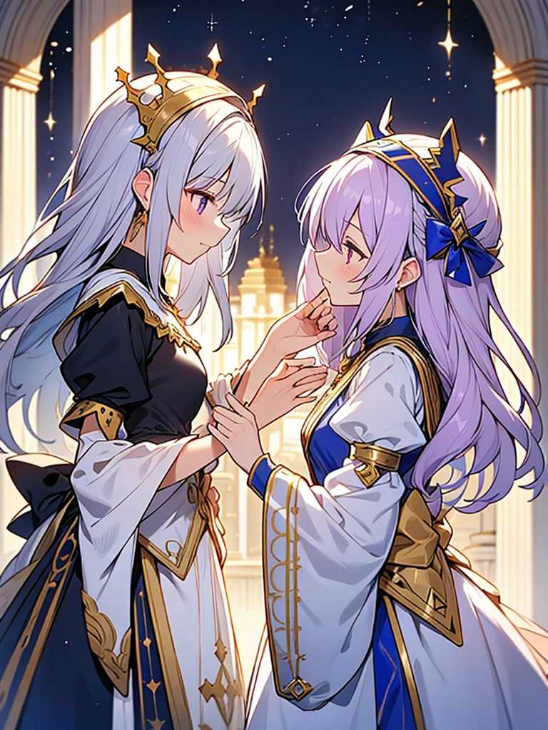 2people,face to face,from side,
//
1of2=Ishtar,goddess,silver hair,dress of gold and lapis lazuli with huge tits,
//
2of2=Ninshubur,maid uniform frilly headband,light purple hair,