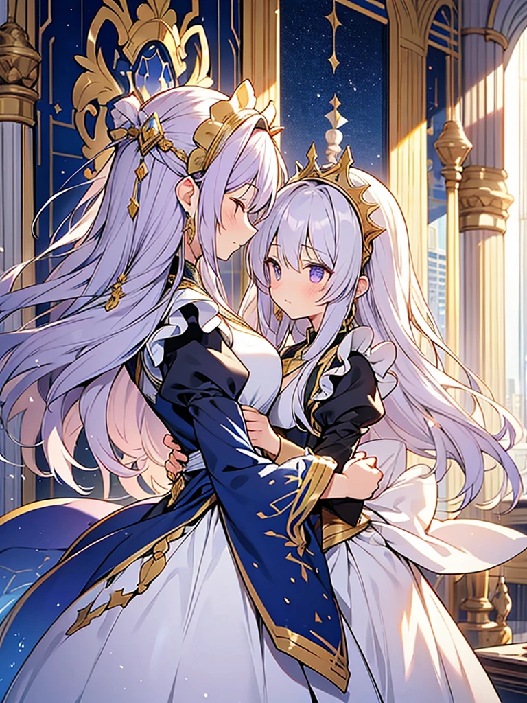 2people,face to face,from side,
 // 
1of2=Ishtar,goddess,silver hair,dress of gold and lapis lazuli,
 // 
2of2=Ninshubur,maid uniform frilly headband,light purple hair,