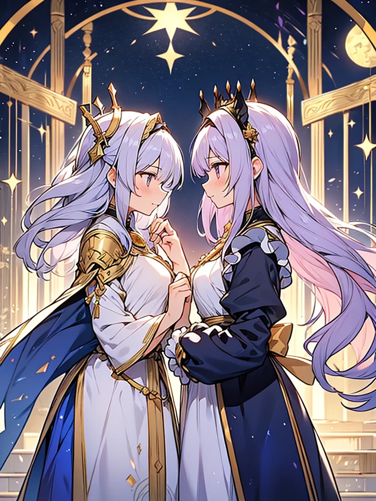 2people,face to face,from side,
 // 
1of2=Ishtar,goddess,silver hair,dress of gold and lapis lazuli,
 // 
2of2=Ninshubur,maid uniform frilly headband,light purple hair,