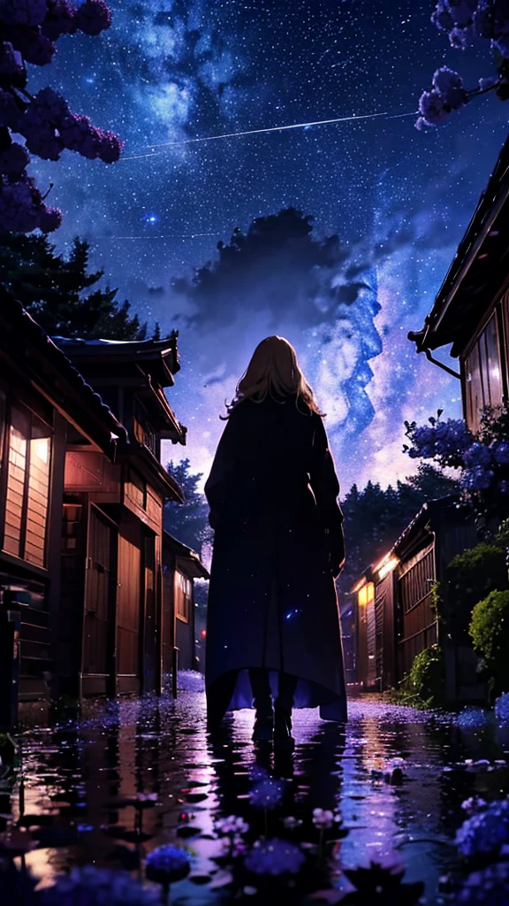 1people々々々々々,Blonde long hair,Long coat,silhouette, Rear View,Space Sky, milky way, Anime Style, cherry blossoms,夜cherry blossoms,Hydrangeas are blooming everywhere,Rainy night view from the mountainside,
