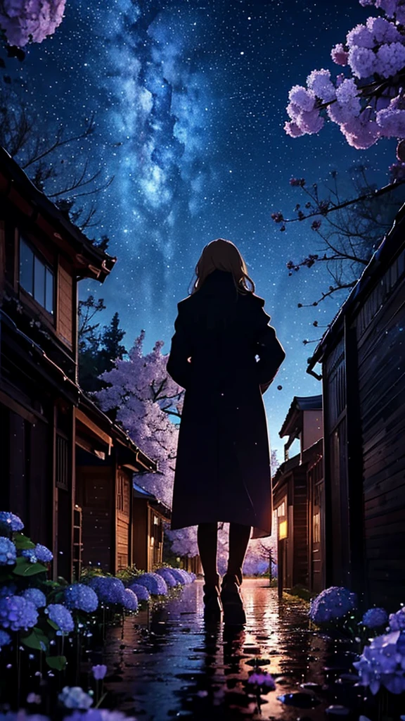 １people々々々々々,Blonde long hair，Long coat，silhouette， Rear View，Space Sky, milky way, Anime Style, cherry blossoms，夜cherry blossoms，Hydrangeas are blooming everywhere，Rainy night view from the mountainside，