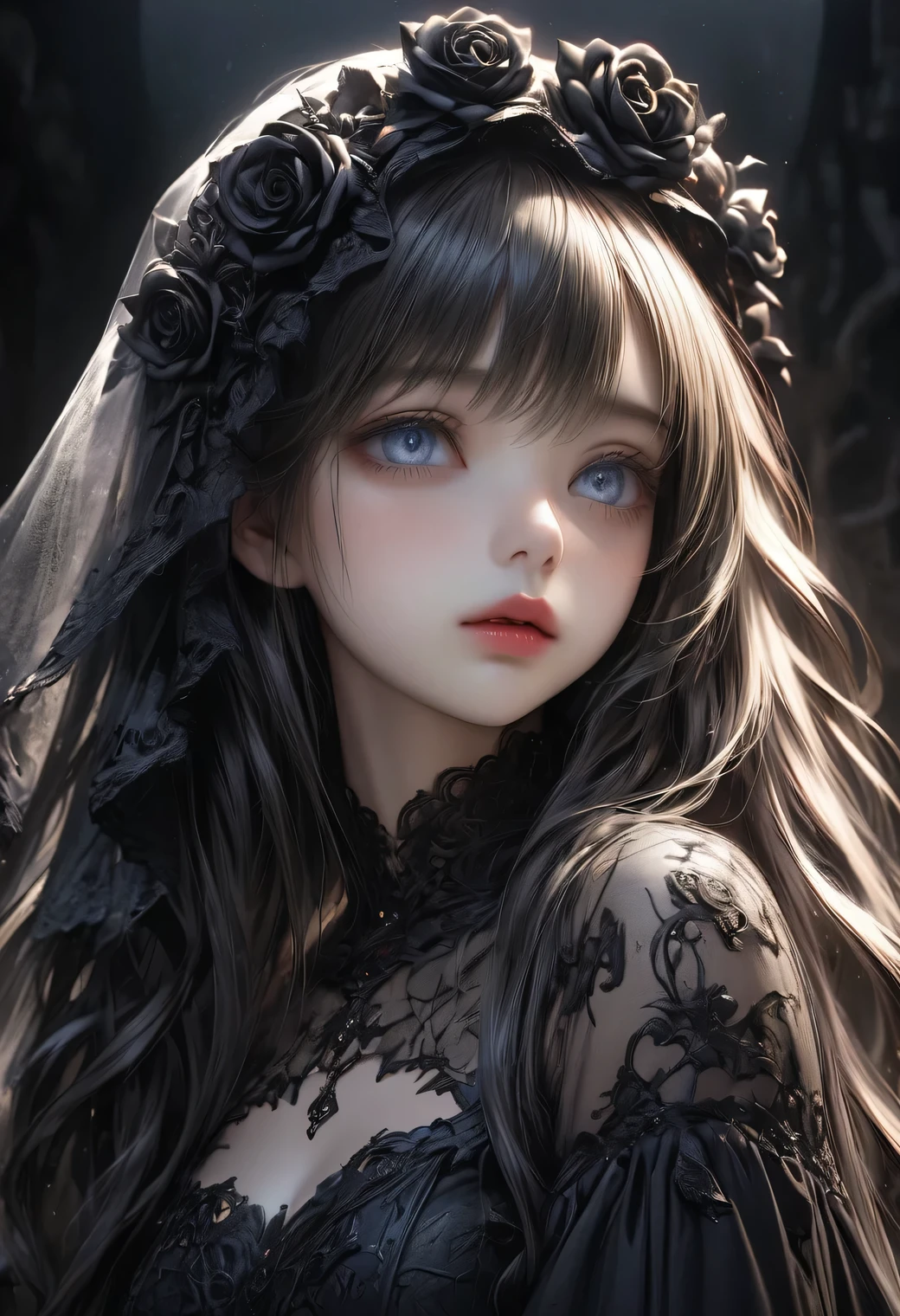 dramatic angle, beautiful detailed eyes, beautiful detailed lips, extremely detailed eyes and face, longeyelashes, beautiful and cute young girl, a princess of the underworld, a gloomy expression, a downcast face, looking up, hand on mouth, white and black gradation hair, through bangs, flowing hair, a black race sheer veil adorned with black roses, an exquisitely beautiful black dress adorned with black roses, a gloomy underworld background, (highest quality,16k,highres,masterpiece:1.2),ultra-detailed,(ultra-realistic,photo-realistic:1.37),HDR,UHD,studio lighting,ultra-fine painting,sharp focus,physically-based rendering,extreme detail description,professional,vivid colors,dark gothic,dramatic lighting,chiaroscuro,mysterious,melancholy,somber,surreal,fantasy