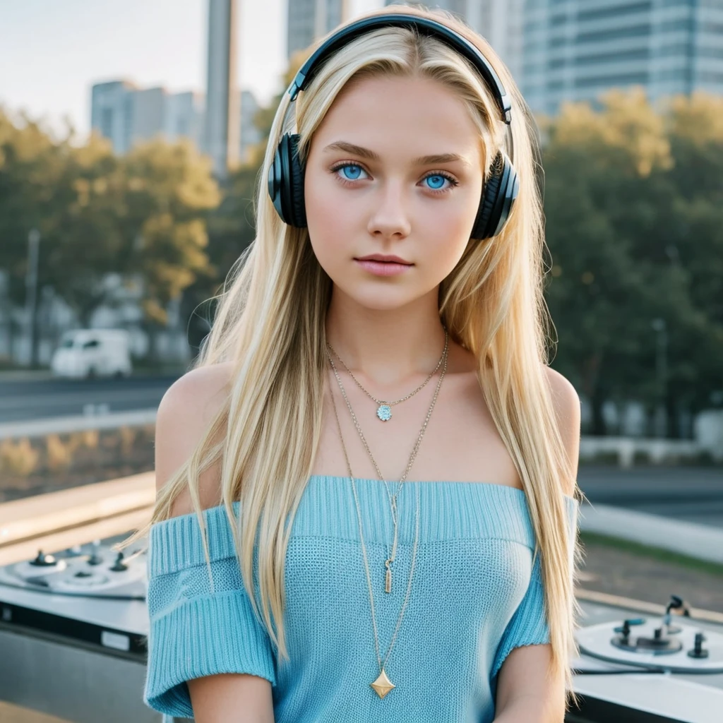 One Girl, Age 1５age, alone, Long Hair, huge , View your viewers, Blonde, Bare shoulders, Blue eyes, gem, whole body, necklace, Off the shoulder, sweater, Realistic, Sexy、headphone,dj