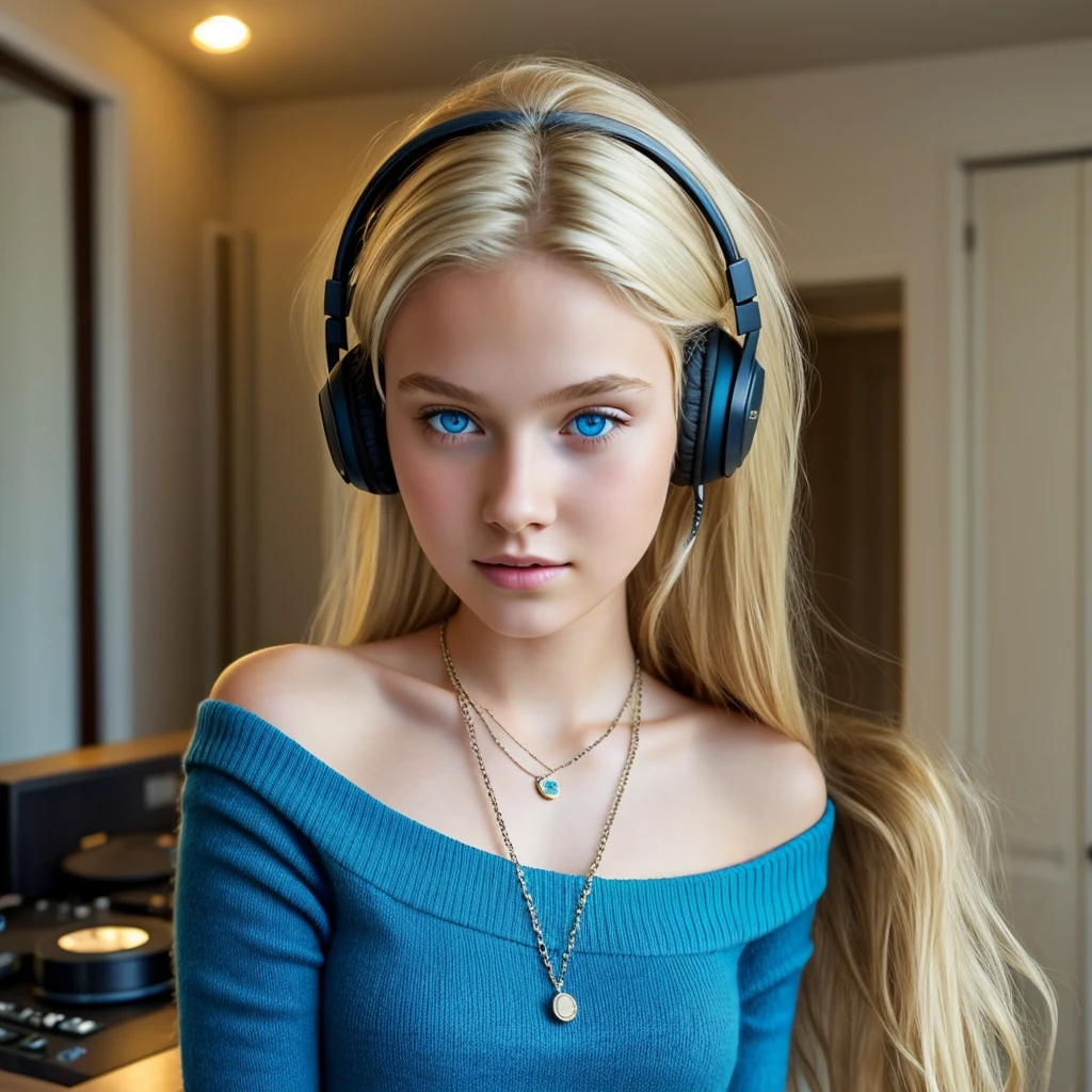 One Girl, Age 1５age, alone, Long Hair, huge , View your viewers, Blonde, Bare shoulders, Blue eyes, gem, whole body, necklace, Off the shoulder, sweater, Realistic, Sexy、headphone,dj