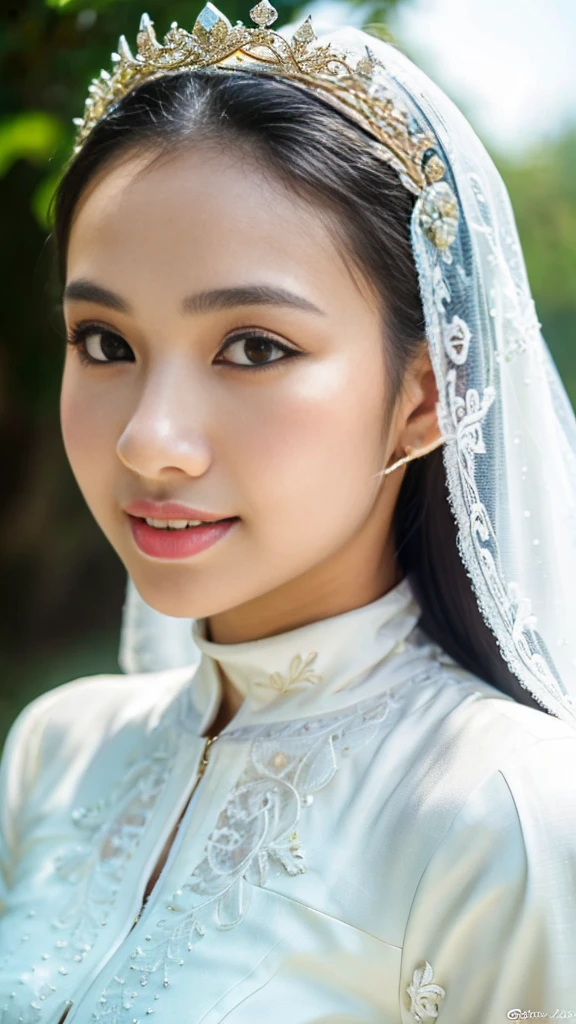 Indonesian girl, 18 years old, (masterpiece), Javanese skin color, best quality, expressive eyes, perfect face, (very realistic), (white wedding dress), hijab, crown on head, Smile, Long Black Hair, innocent face, brown eyes , High resolution, masterpiece, Best quality, intricate high detail, highly detailed, sharp focus focus, detailed skin, realistic skin texture, texture, detailed eyes, professional, 4K, charming smile, filmed with Canon, 85 mm, depth shallow field , Kodak Vision Color, perfect fit body, Highly detailed, photo_\(ultra\), photorealistic, Realistic, Post-processing, Maximum detail, ruggedness, real life, ultra realist, photorealism, photography, 8K UHD, photography