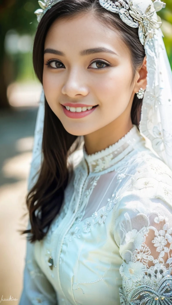 Indonesian girl, 18 years old, (masterpiece), Javanese skin color, best quality, expressive eyes, perfect face, (very realistic), (white wedding dress), hijab, crown on head, Smile, Long Black Hair, innocent face, brown eyes , High resolution, masterpiece, Best quality, intricate high detail, highly detailed, sharp focus focus, detailed skin, realistic skin texture, texture, detailed eyes, professional, 4K, charming smile, filmed with Canon, 85 mm, depth shallow field , Kodak Vision Color, perfect fit body, Highly detailed, photo_\(ultra\), photorealistic, Realistic, Post-processing, Maximum detail, ruggedness, real life, ultra realist, photorealism, photography, 8K UHD, photography