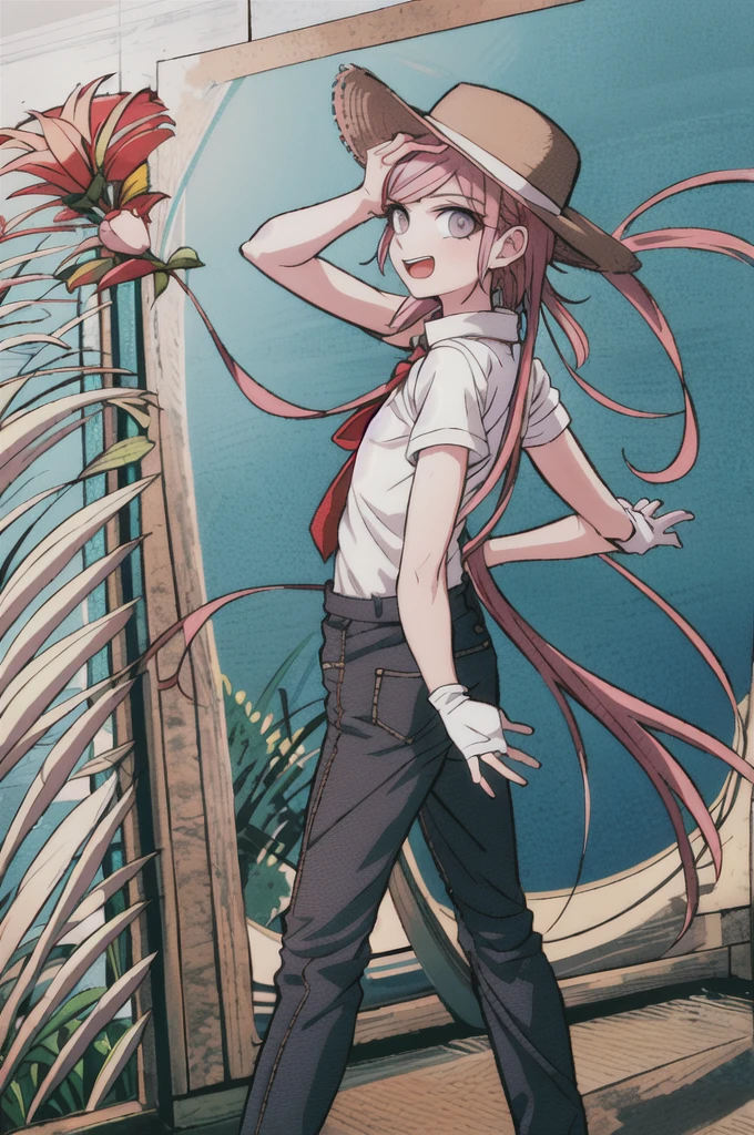 (Drawing:1.3) of (Visual novel:1.3),(Happy:1.3) (masterpiece), (unity 8k), danganronpa, komatsuzaki rui, (1girl:1.3), solo, (front view:1.3), (looking at viewer:1.3), (simple background:1.4), (white background:1.2) cg, game cg, standing cg, (ultimate farmer:1.5) (sun hat:1.1), (flower on hat:1.1), red hair, messy hair, short hair, blue eyes, white tied shirt, green dungarees, yellow gloves, brown boots,