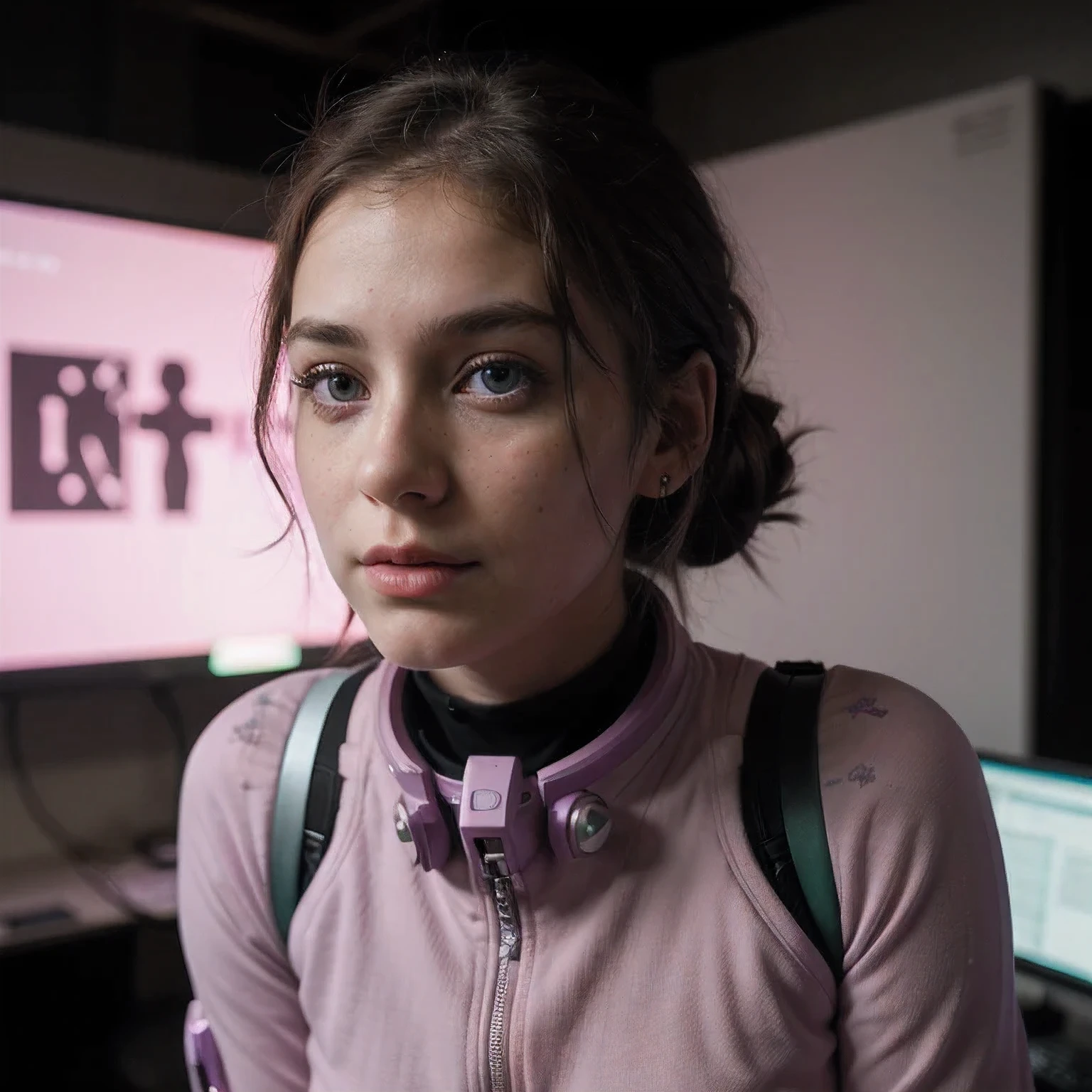 Photo of a college student, Purple Pink, Futuristic space suit, (freckle:0.8) Cute face, Science Fiction, Dystopia, Delicate eyes, Green pupils（（side view））