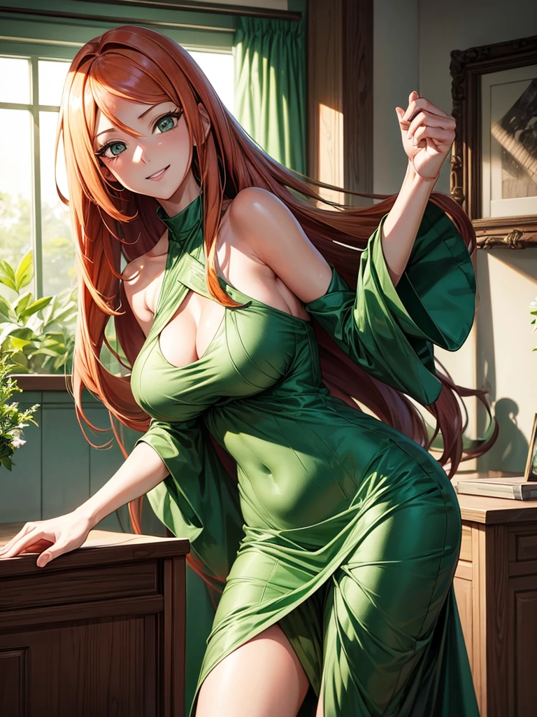 uzumaki_kushina, large_breasts, standing, solo, kushina_green_dress, masterpiece, best quality, detailed face, detailed eyes, highres, smile, (masterpiece:1.4, best quality:1.2), (Highres), (Detailed Illustration), Ultra-Detailed, konohagakure, uzumaki_kushina, kushina_green_dress, standing straight, looking in front,