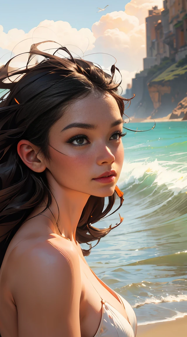 beautiful detailed woman, naked woman on the beach, detailed skin texture, detailed facial features, long hair blowing in the wind, waves crashing on the shore, golden sand, bright sunlight, soft focus, cinematic lighting, dramatic shadows, muted color palette, photorealistic, (best quality,4k,8k,highres,masterpiece:1.2),ultra-detailed,(realistic,photorealistic,photo-realistic:1.37)