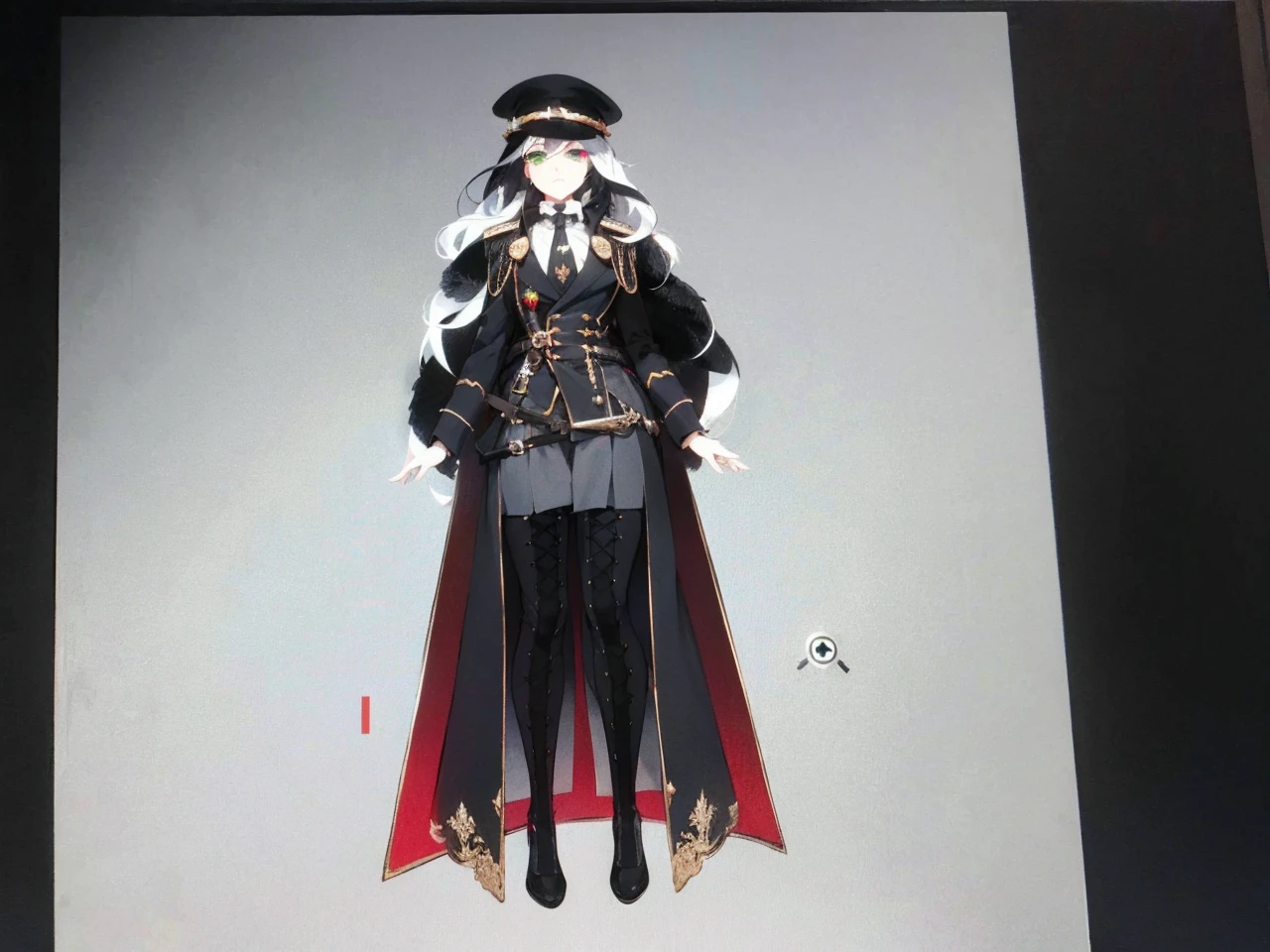a millitary general with black and white hair, a red and green clockwork eyes.