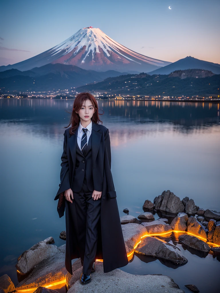 1 girl, black suit with tie, black long coat, standing in the lake, bird view, sci fi mountain, There is glare,looking in the front, night with moon in the sky, mountain fuji, sci fi mountain fuji, fuji, red hair