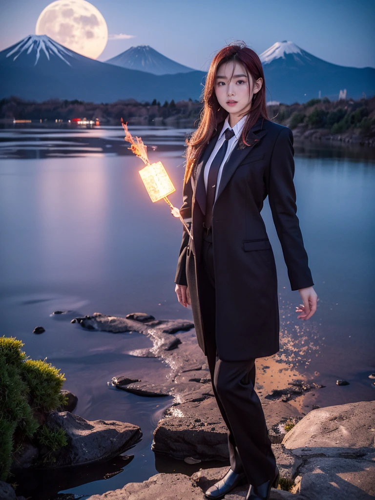 1 girl, black suit with tie, black long coat, standing in the lake, bird view, sci fi mountain, There is glare,looking in the front, night with moon in the sky, mountain fuji, sci fi mountain fuji, fuji, red hair