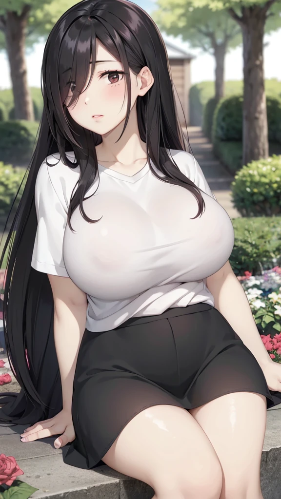 Cute mommy, mature women, realistic skin,perfect ,black hair, long hair, (hair over one eye:1.4), messy hair, hair between eyes, oversize shirt,pink mini skirt, chubby,plump,fat,pucker lips,cute shy blush on,garden, under tree,night 