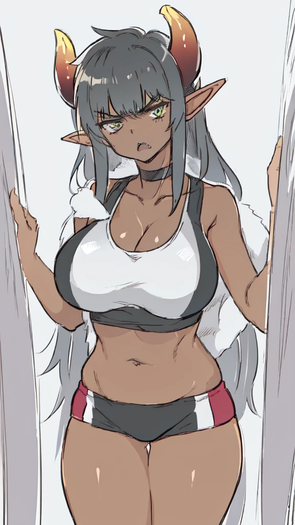 (((short young small girl:1.2))), ((tanned elf girl))), (((best quality))), (((highres:1.1))), (((sharp eyes))), (((long hair))), (((large breasts:1.2))), (((solo))), (collar:1.2), (cape:1.2), (white background)