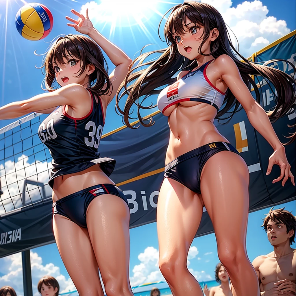 solo / Brown eyes, long dark hair, / big tits / girl with、lighting like a movie、The bikini、beachvolley、beach volley ball、spring、jump、、jump、shout out、