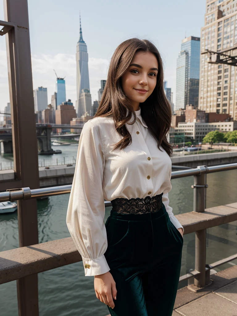 generated a full body of a 21 years old young woman with dark brown hair, medium size chest, innocent expression, With a shy smile, With the New York City skyline as a stunning backdrop, a model wears high-waisted emerald velvet pants paired with a Victorian-inspired white long-sleeve shirt featuring lace details and a high collar. The luxurious textures and classic design elements create a rich, elegant ensemble that contrasts beautifully with the modern urban setting