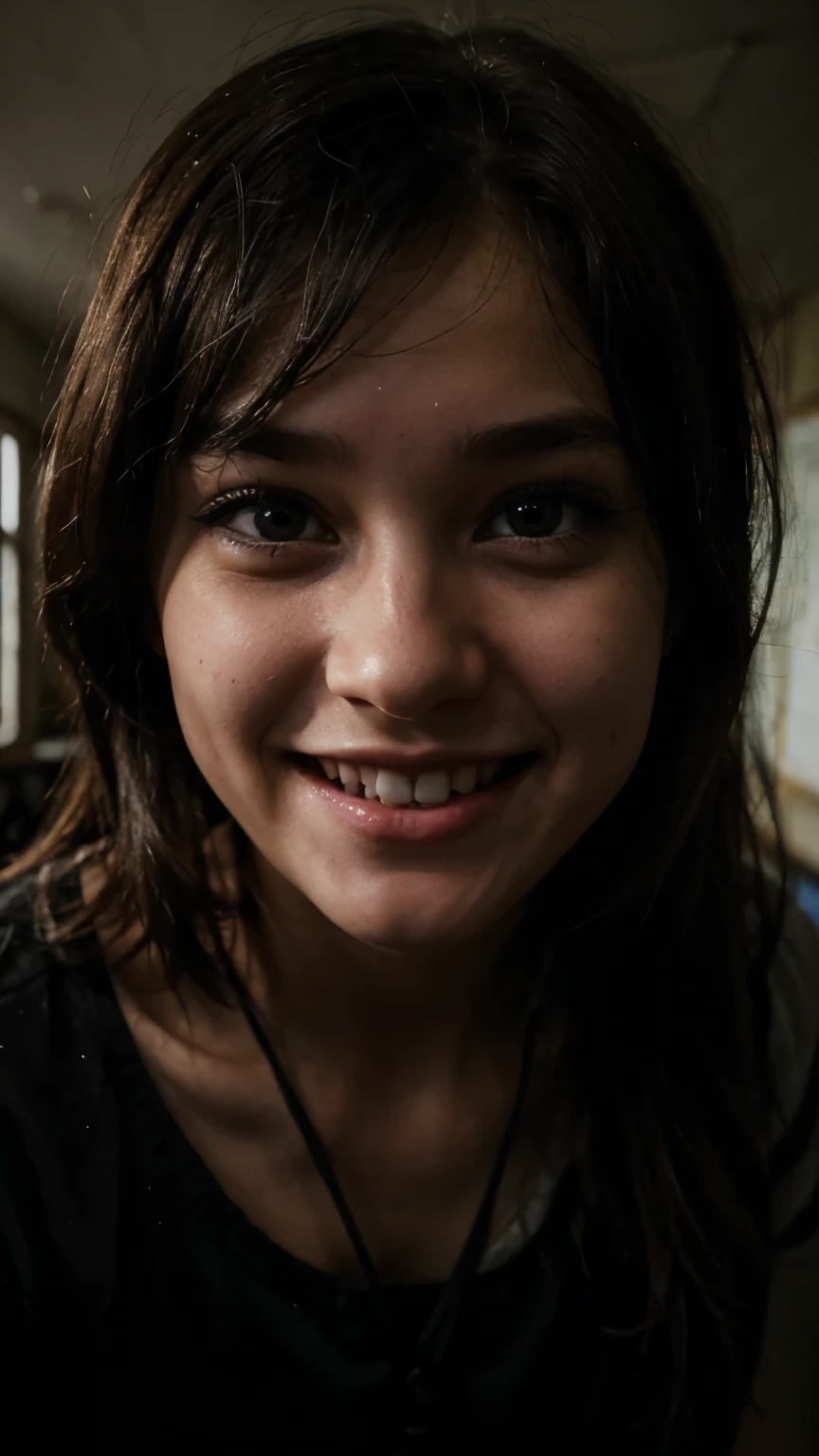 A terrifying young  with black eye and with a smile like its tear  mouth in the dark and creepy classroom 