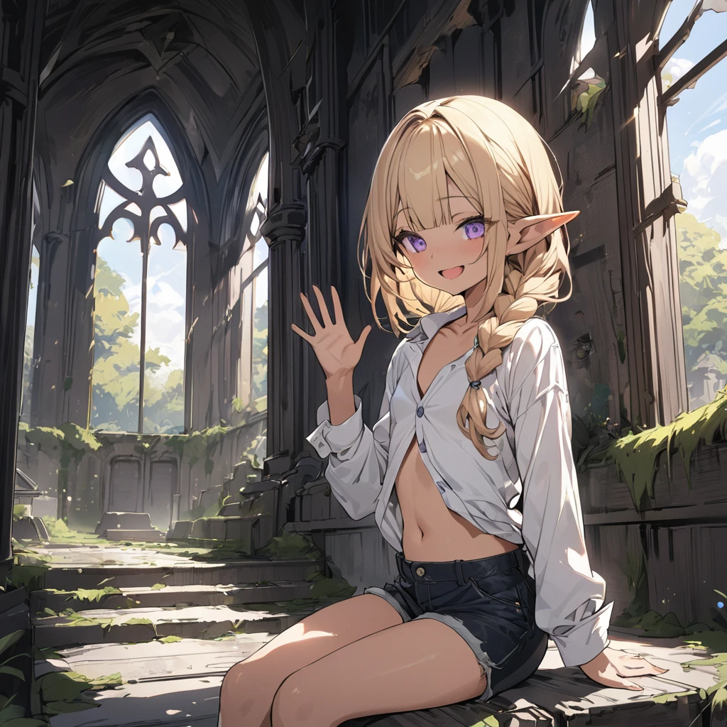 ((Masterpiece)), ((best quality)), (Anime:1.4), (super detail:1.2), (High Definition:1.3), (Professional Photography:1.3), (wide shot), (sharp focus), (perfect light), ((12 years old)), (1girl), cute young girl, (nauhty smile), open mouth, glitter eyes, (Beautiful purple eyes:1.2), (dark skin), elf girl, ((white buttoned shirts)), undress buttoned shirts, small breast, cute navel, exposed neck and Beautiful collarbone, (Healthy slim body), (loose blunt bangs), loose braids hair, (medium hair), ((beautiful blond hair)), short shorts, BREAK, ((best quality)), sitting on the steps, (waving hand), ((in the Mossy abandoned church)), (super detail:1.2), sunnyday,