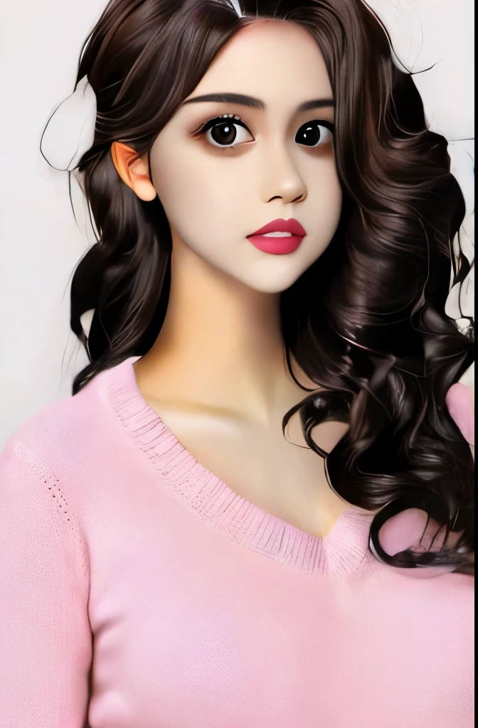 Girl, long brown hair, brown eyes, sharp features, white skin, pink lips, beautiful, soft and delicate, sweater