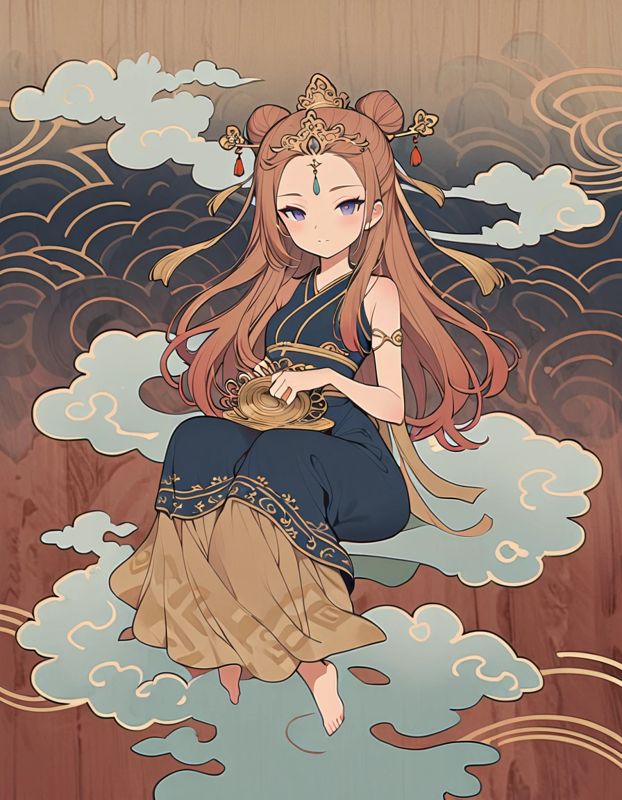 Dunhuang art style illustration,Tiny little monk sitting on the giant hand of Guanyin,Nestled in the rolling ripples,extremely delicate brushstrokes, Soft and smooth,Chinese Red and Indigo,The background is covered with auspicious cloud patterns painted with gold foil ,Negi