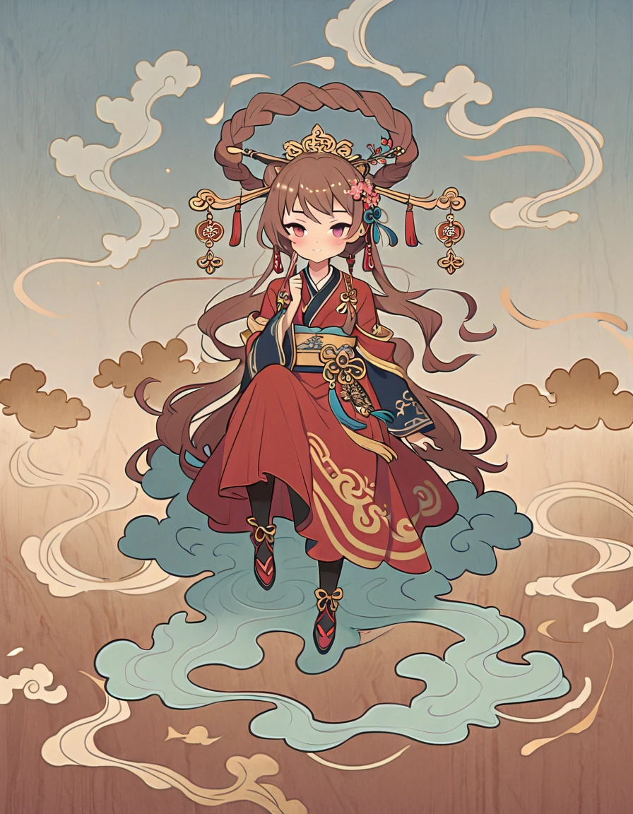 Dunhuang art style illustration,Tiny little monk sitting on the giant hand of Guanyin,Nestled in the rolling ripples,extremely delicate brushstrokes, Soft and smooth,Chinese Red and Indigo,The background is covered with auspicious cloud patterns painted with gold foil ,Negi