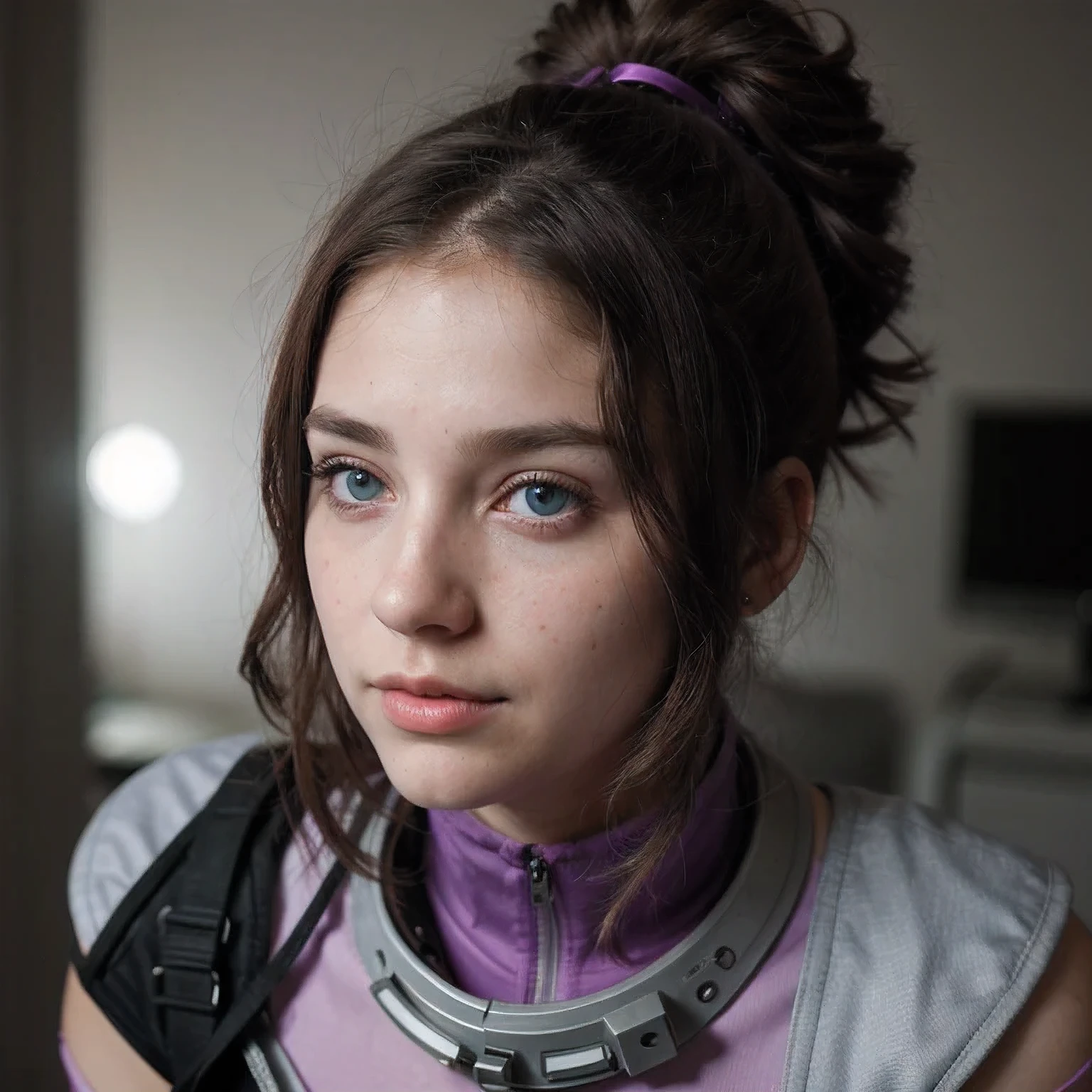 Photo of a college student, Purple Pink, Futuristic space suit, (freckle:0.8) Cute face, Science Fiction, Dystopia, Delicate eyes, Green pupils（（side view））