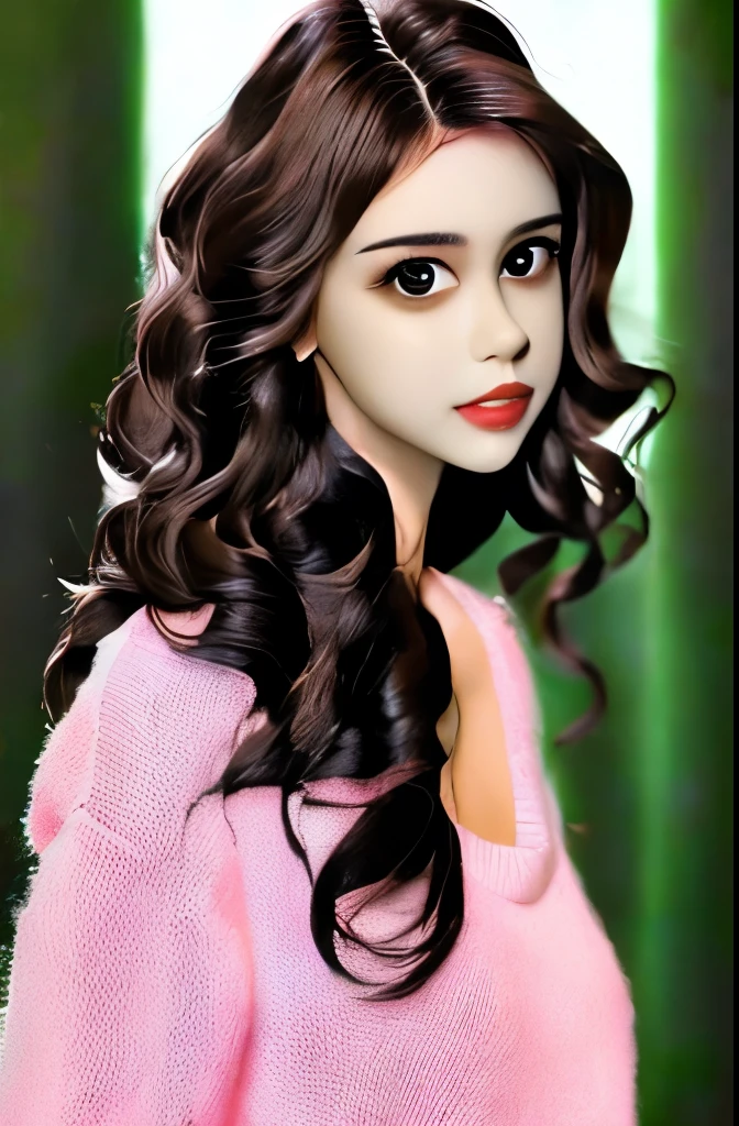 Girl, long brown hair, brown eyes, sharp features, white skin, pink lips, beautiful, soft and delicate, sweater