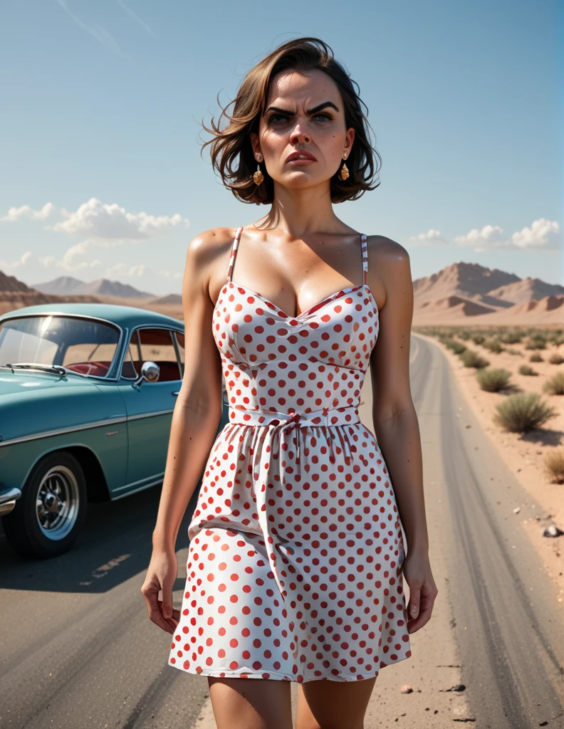 1950s style, angry [woman:Maude Adams:0.1] in a polka dot dress, leaving her broke down and steam comes out of her Hudson Hornet classic car, walking towards camera, fists clenched, empty highway in the desert, perfect face, ultra sharp focus, high quality, ultra high resolution, cinematic, masterpiece, Annie Leibovitz Photography Style