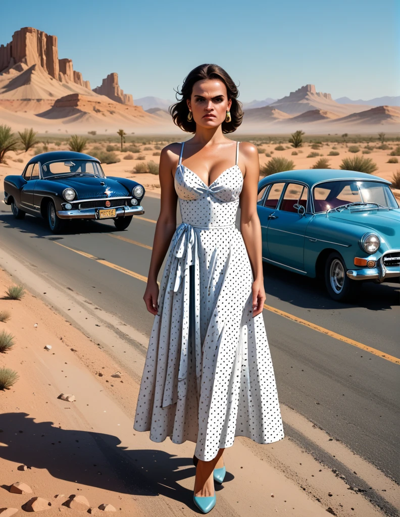 1950s style, angry [woman:Maude Adams:0.1] in a polka dot dress, leaving her broke down and steam comes out of her Hudson Hornet classic car, walking towards camera, fists clenched, empty highway in the desert, perfect face, ultra sharp focus, high quality, ultra high resolution, cinematic, masterpiece, Annie Leibovitz Photography Style